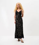 Vestido Midi em Cetim com Estampa Floral e Detalhe em Renda