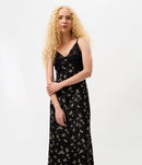 Vestido Midi em Cetim com Estampa Floral e Detalhe em Renda