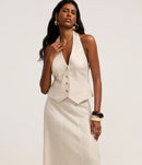 Conjunto Midi em Viscolinho com Costura Aparente no Recorte Bege